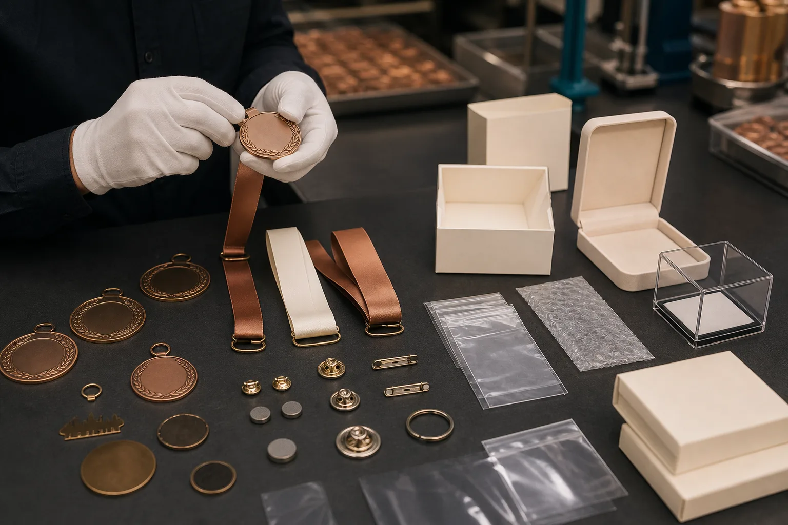 Medal components and packaging options organized for quotation specification review