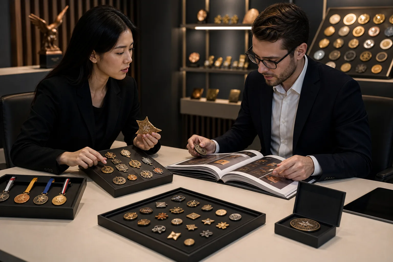 Business buyers comparing metal product samples during an early catalog range review