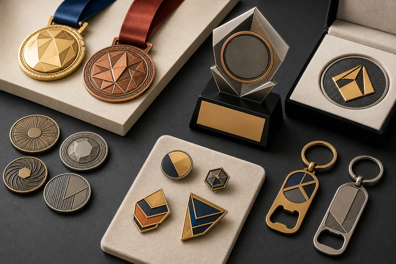 Five custom metal product families arranged for clear business catalog comparison