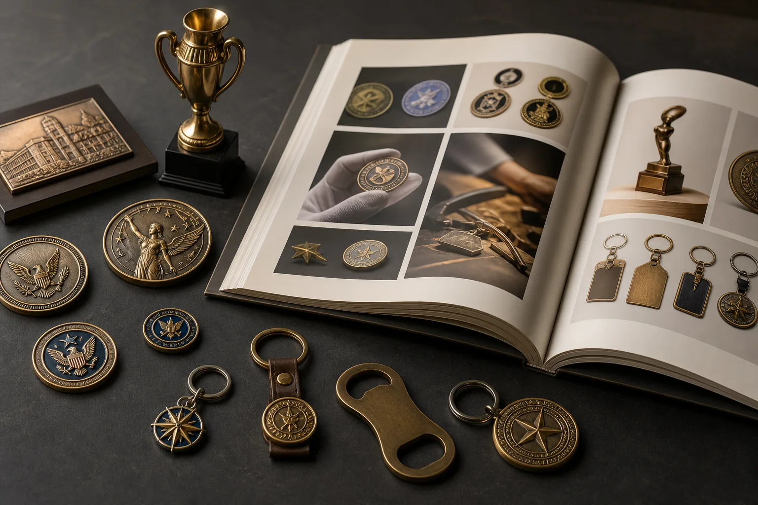 Custom metal product catalog displayed with medals, coins, pins and promotional accessories