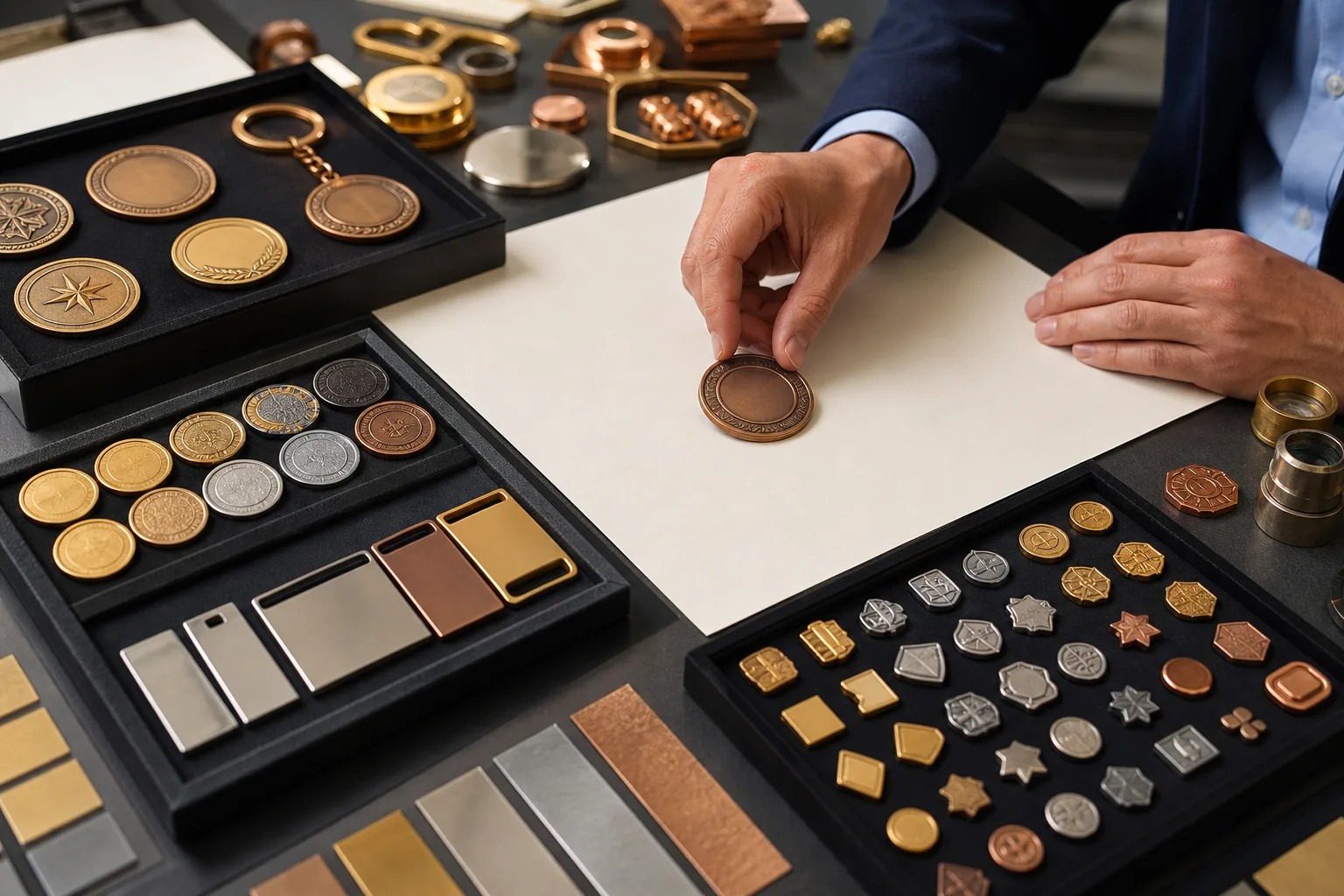 Product specialist organizing metal samples to narrow a business catalog selection