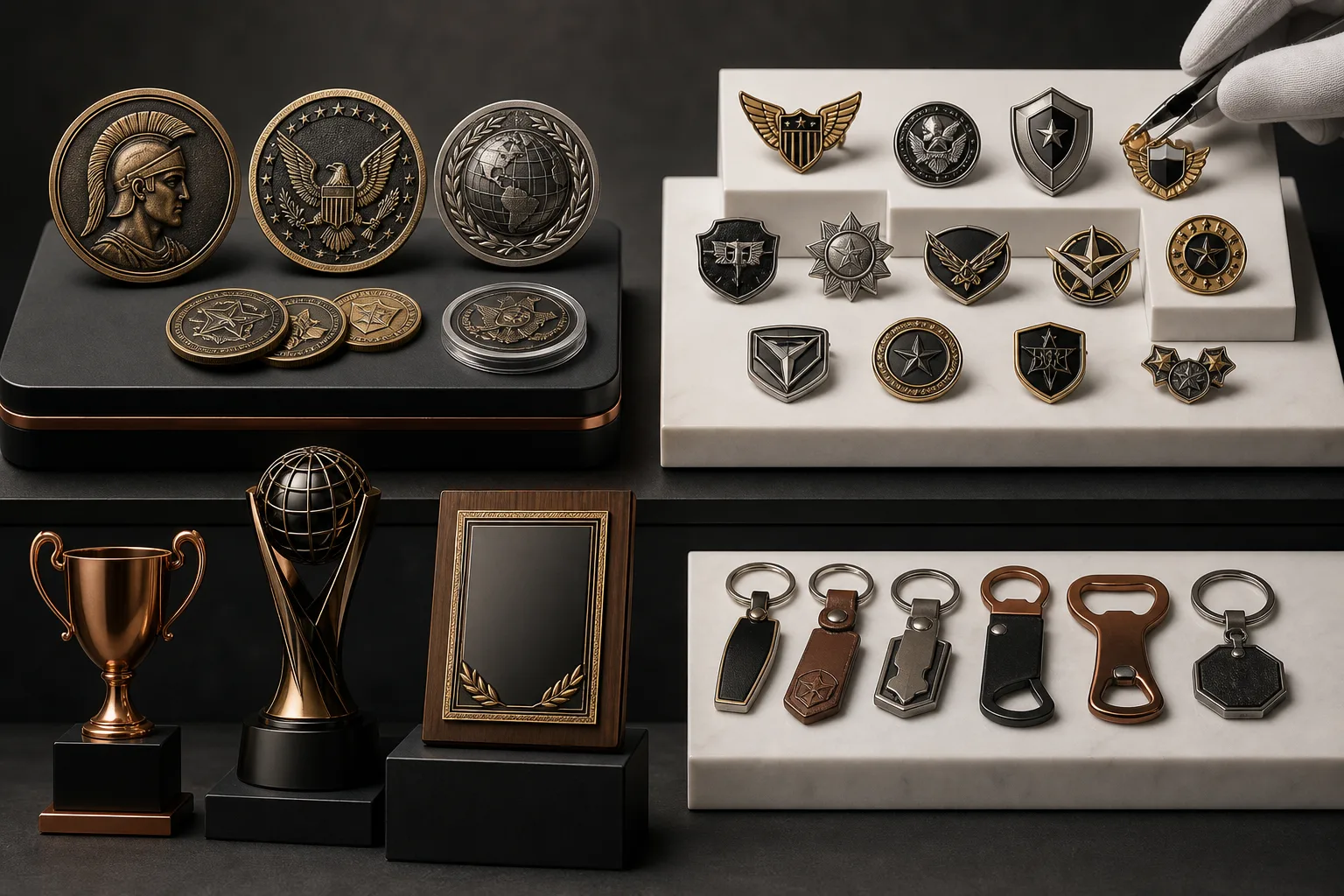 Custom medals, challenge coins, enamel pins and promotional metal products for selection