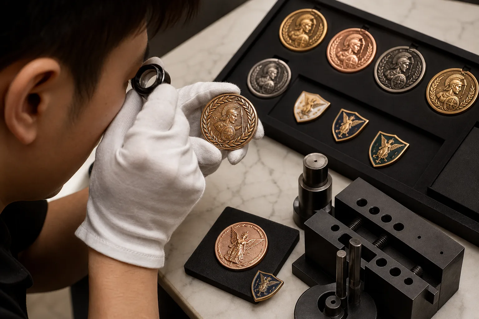 Inspector examining custom metal samples for relief, plating, enamel and assembly details