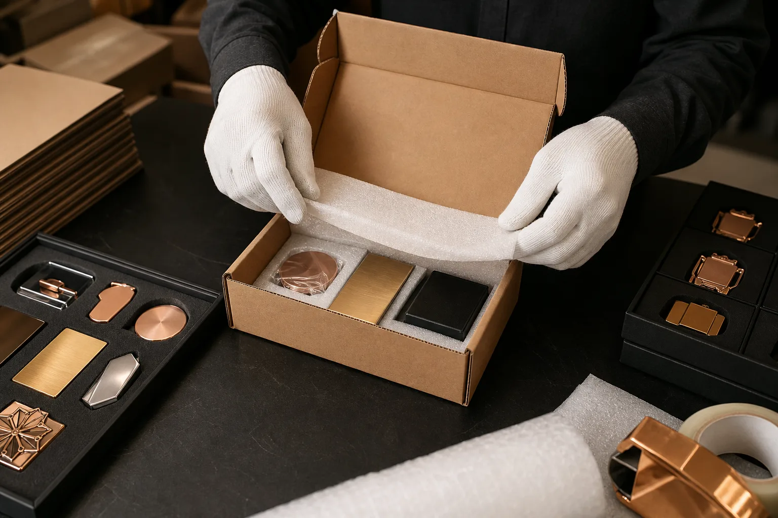 Packaged custom metal samples prepared for destination review and delivery arrangement