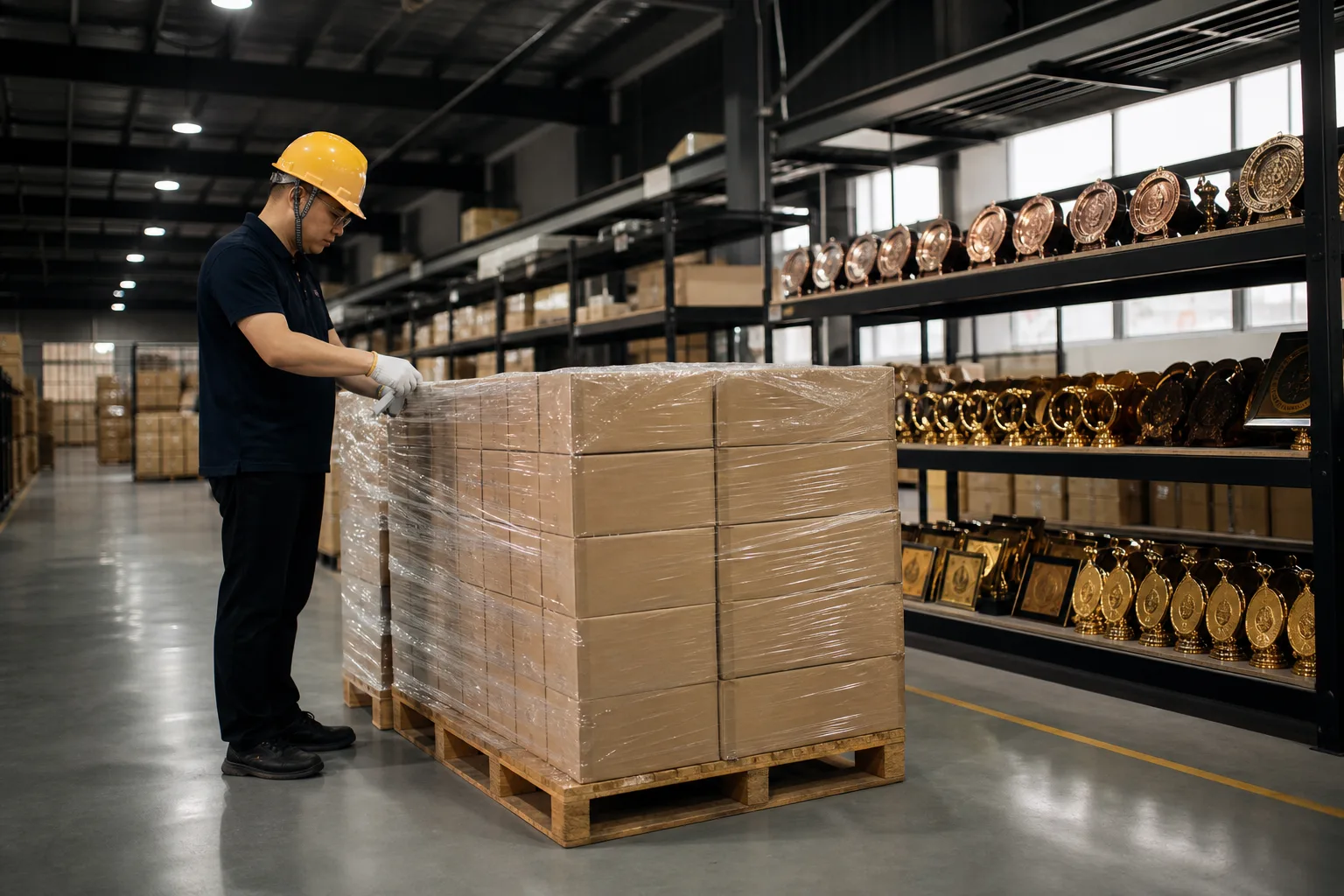Packaged custom medals and plaques staged for forwarder collection at origin