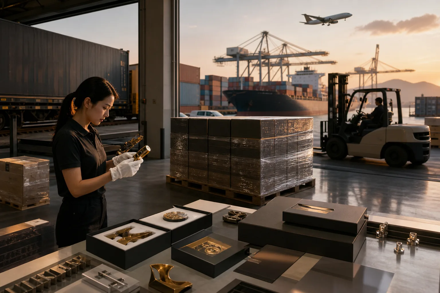 Packed custom metal product cartons prepared for multiple international transport modes