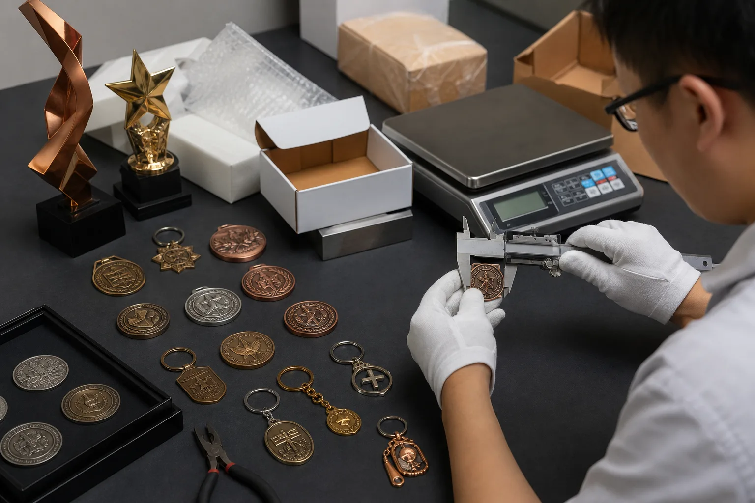 Custom metal product samples being checked before preparing a shipping quotation