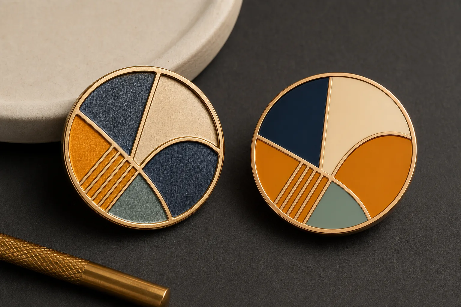 Matched enamel badges compare recessed depth with a smooth level finish