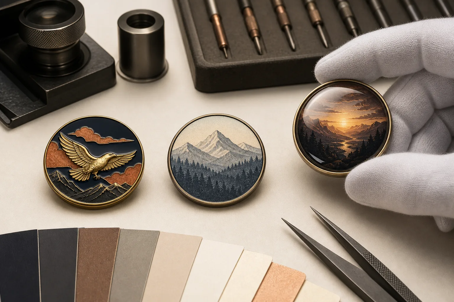 Technician reviews enamel, printed and clear epoxy metal badge samples