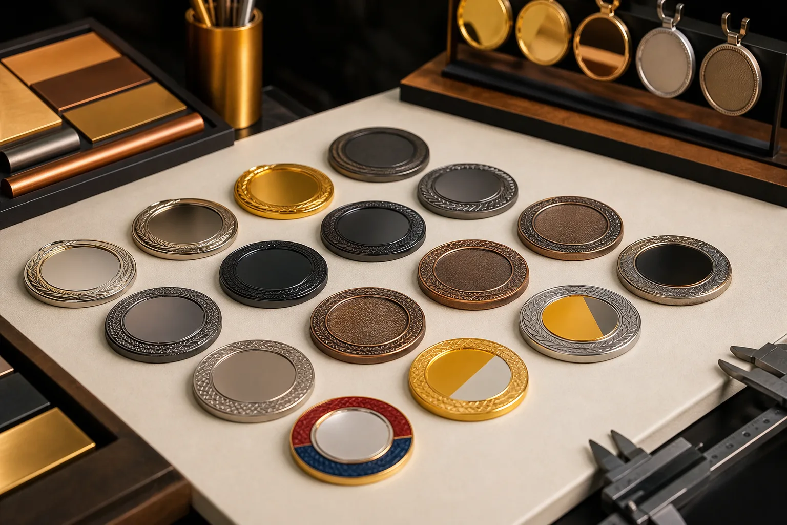 Metal finish and surface samples arranged for custom product specification review