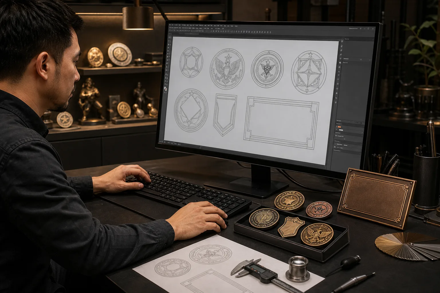 Designer preparing to upload custom product artwork beside finished medals and pins