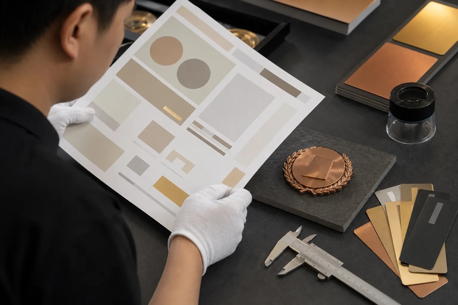 Specialist reviews an abstract artwork proof beside an unbranded metal sample