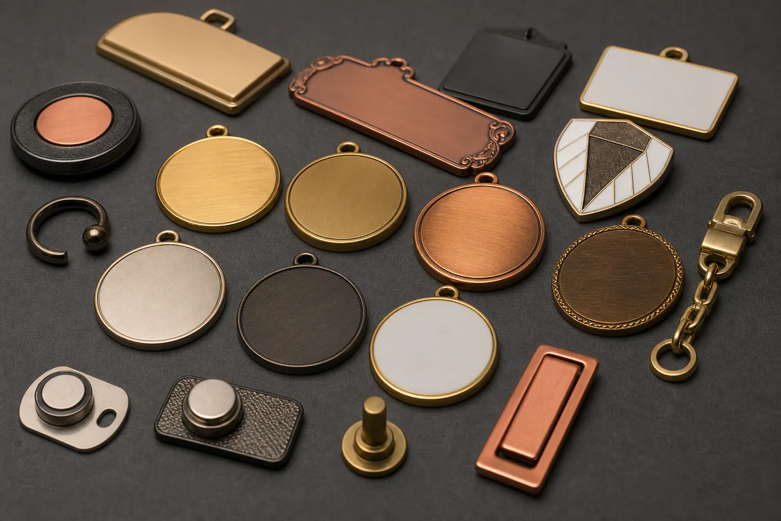 Custom metal finish samples display varied textures, colors and attachment options