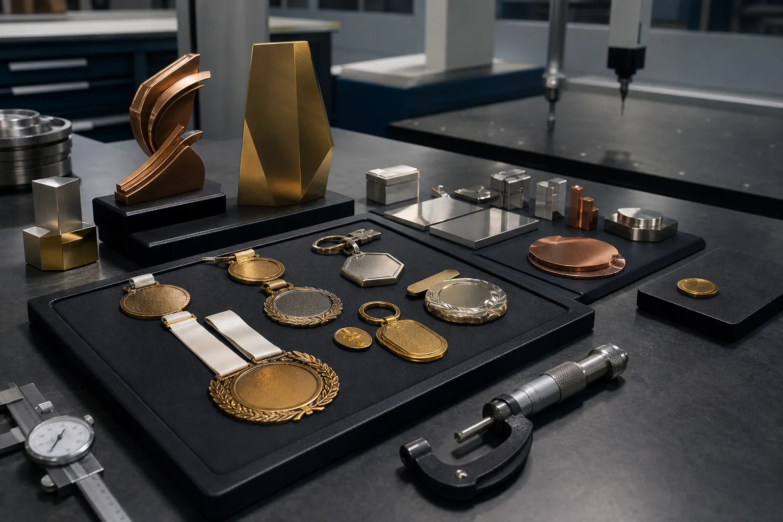 Custom metal awards and promotional products arranged for detailed manufacturing inspection