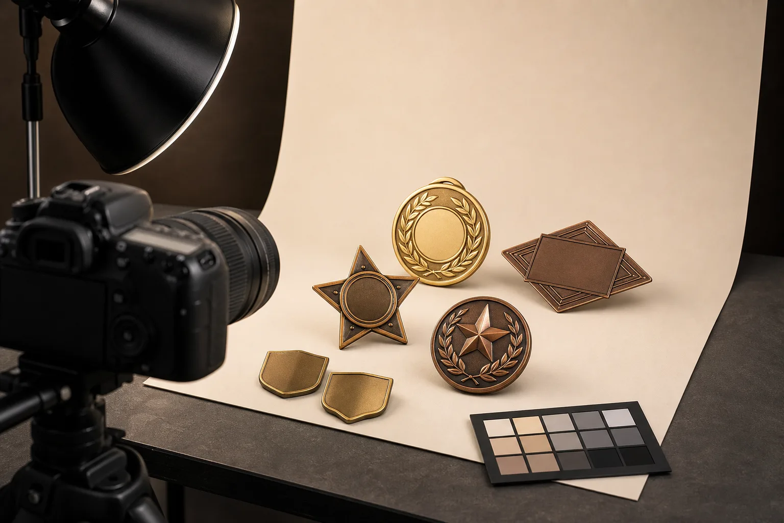 Unbranded metal products prepared for controlled commercial photography and content publishing