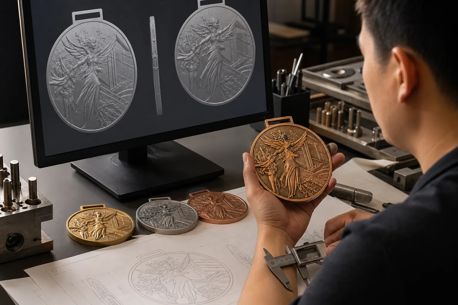 Engineer comparing dimensional relief samples with front, back and side geometry