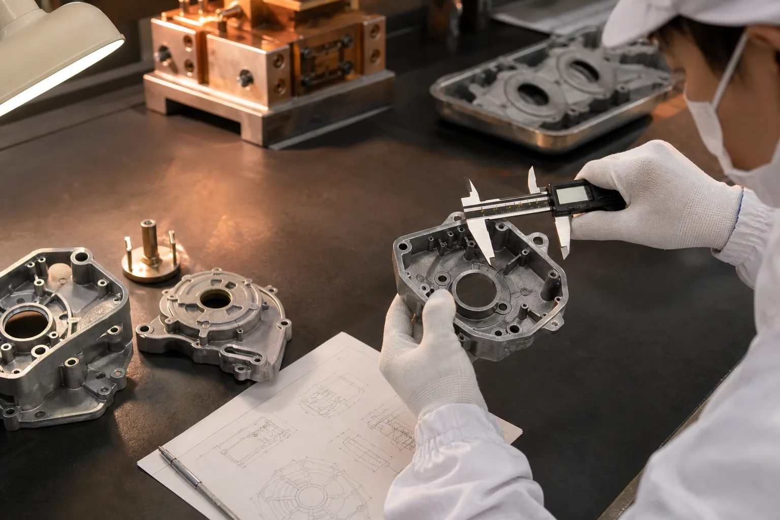 Inspector measuring a formed zinc alloy part and checking edges for burrs