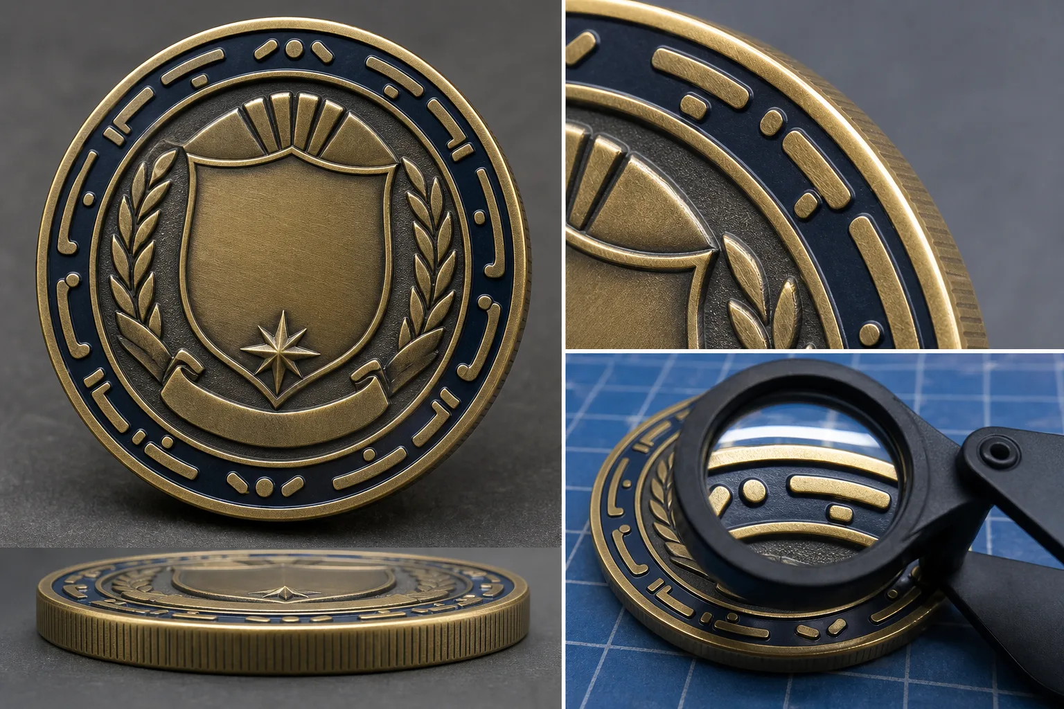 Close-up comparison of actual-size and magnified lettering areas on a metal challenge coin