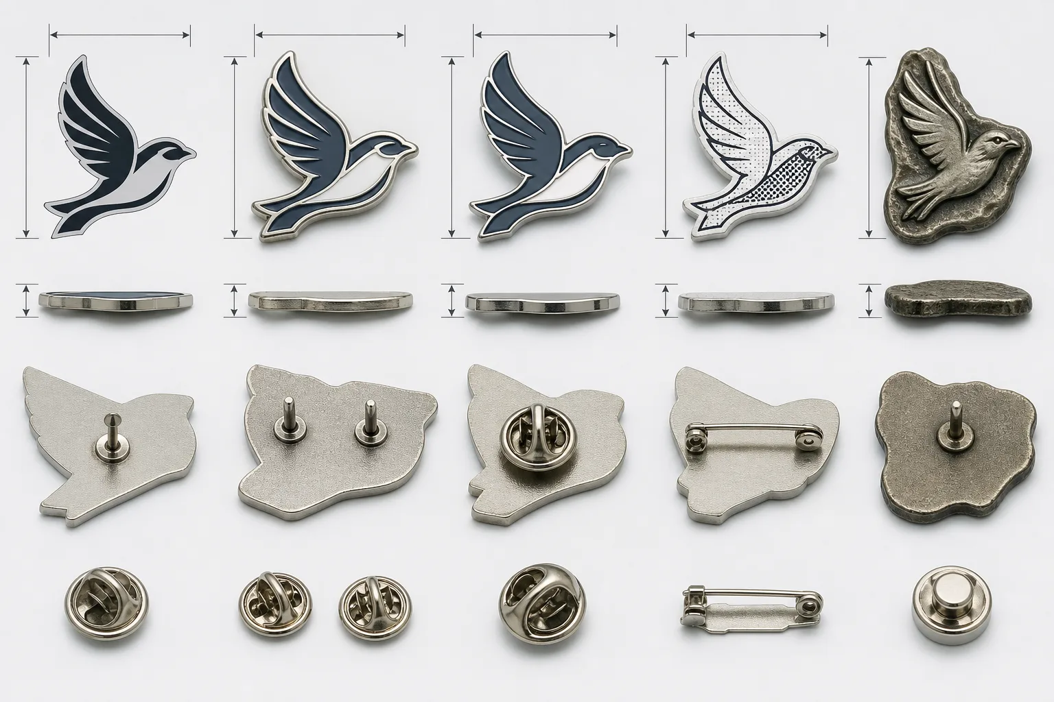 Actual-size artwork and construction comparison for custom enamel pins