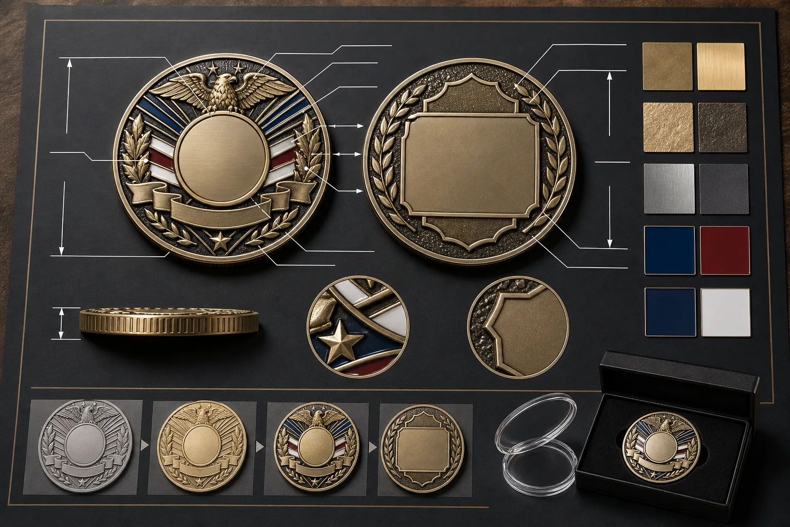 Artwork and finish planning board for a custom challenge coin with relief and personalization zones