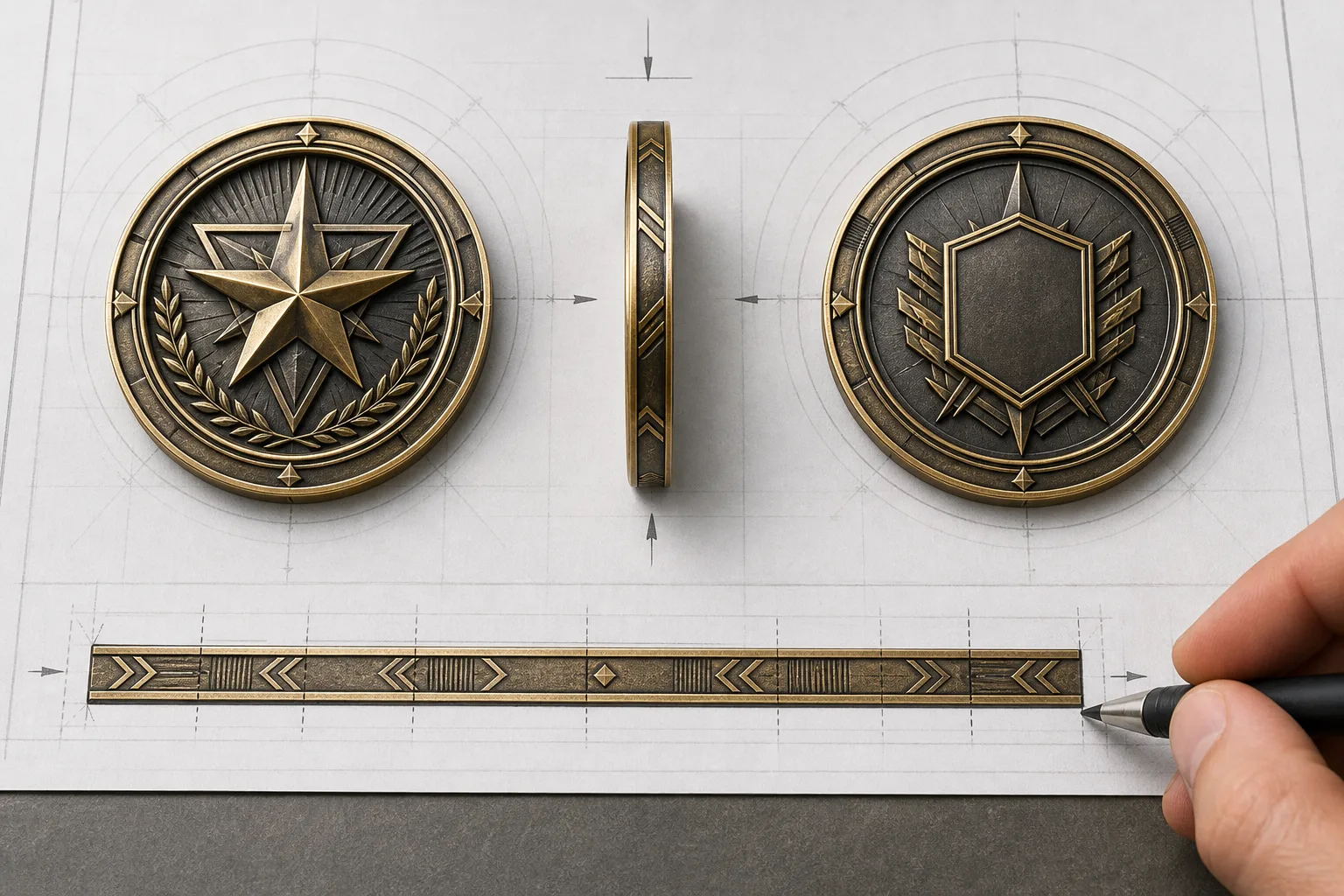 Artwork proof layout showing front, reverse, side profile, and edge development of a challenge coin