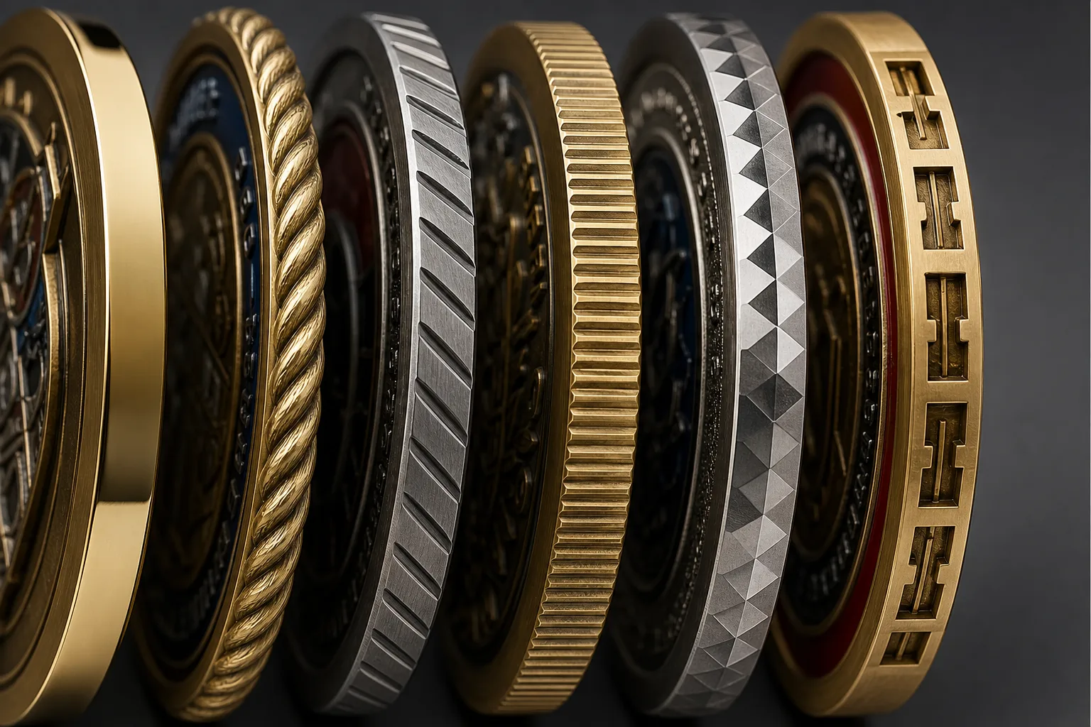Close-up comparison of smooth, rope, diagonal, fine-toothed, and faceted coin edges