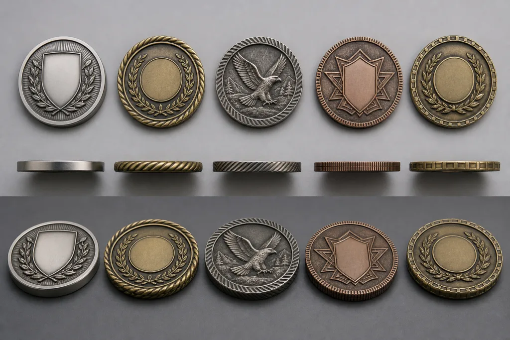 Comparison of smooth, textured, faceted, and custom lettered challenge coin edges