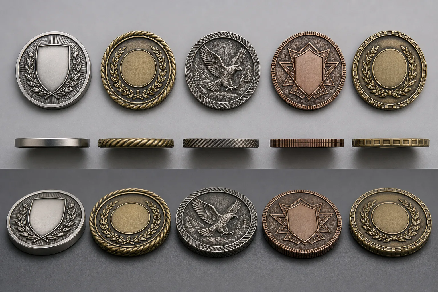 Comparison of smooth, textured, faceted, and custom lettered challenge coin edges