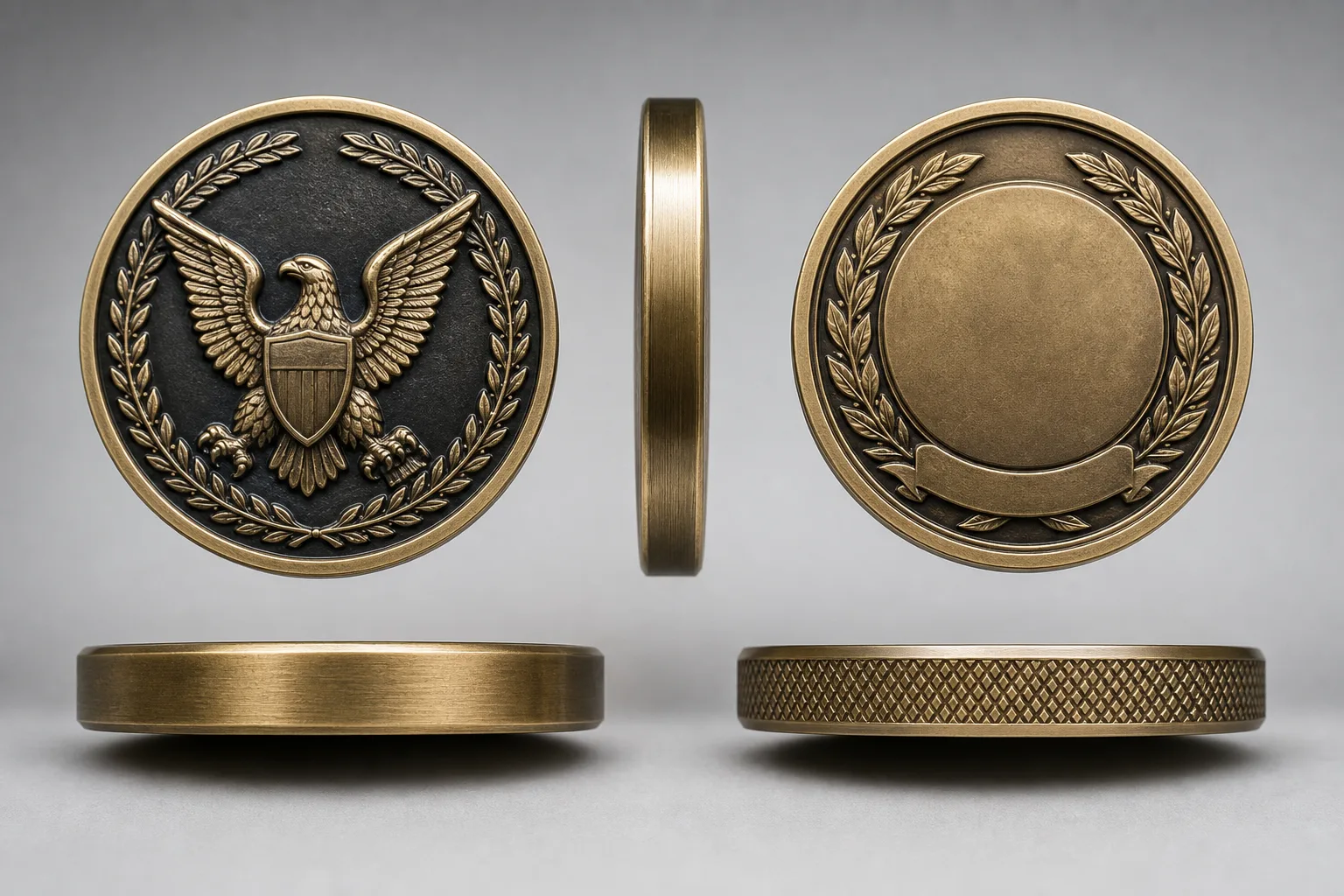 Technical view of a challenge coin showing face alignment, border continuity, and edge structure