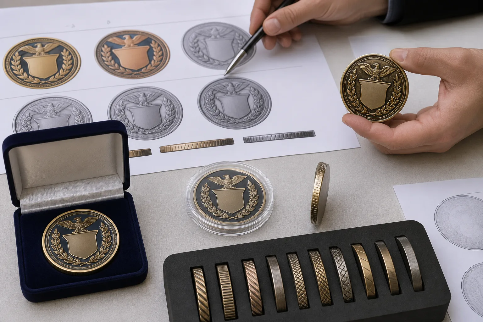 Custom challenge coin proof, sample, and protective packaging prepared for an RFQ
