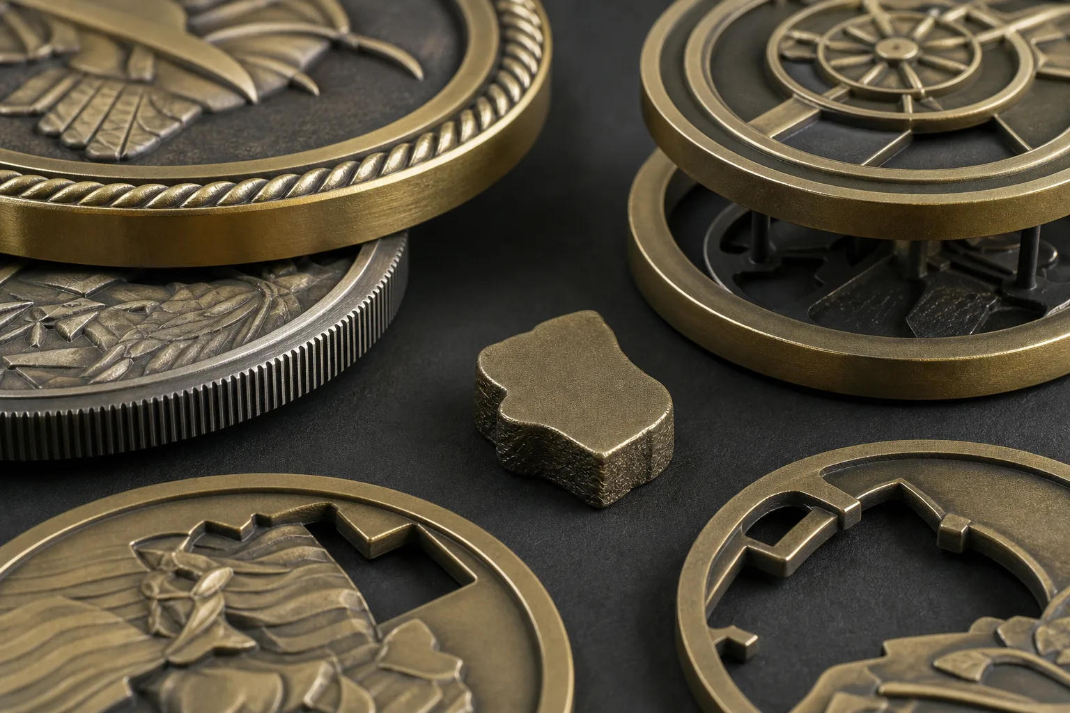 Close-up view of challenge coin relief, patterned edges, cutouts, and layered components