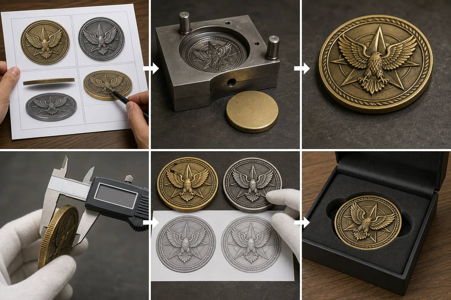 Visual workflow from challenge coin artwork approval through forming, inspection, and protective packaging