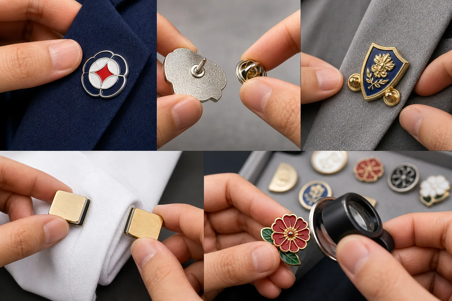 Quality-control inspection of custom enamel pin attachment, fabric interaction, and finish