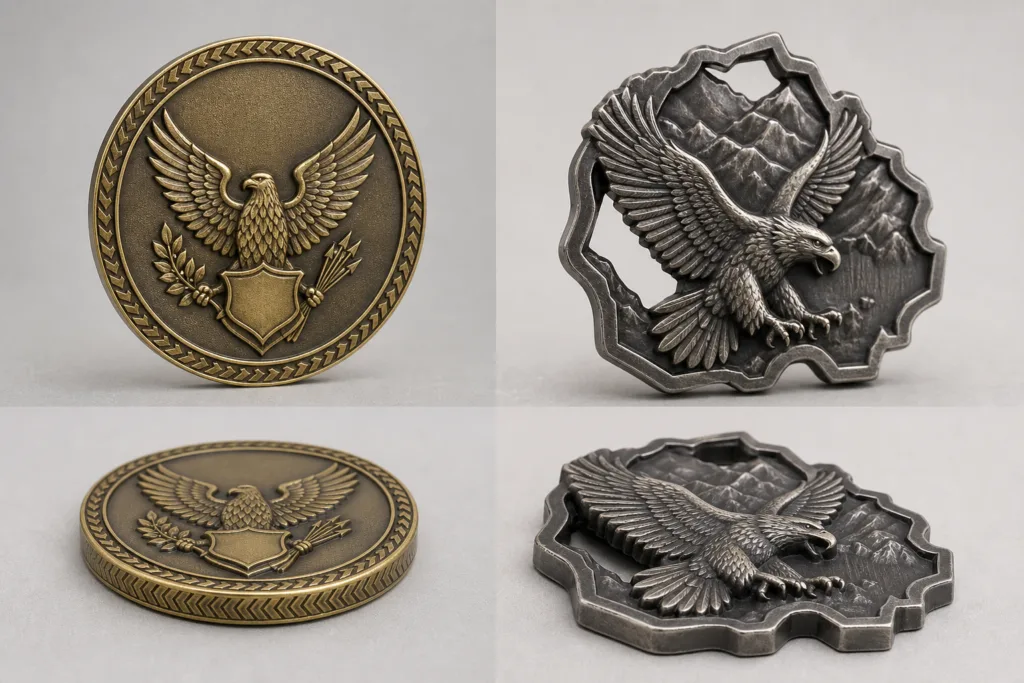 Visual comparison of a regular die-struck challenge coin and an irregular dimensional die-cast challenge coin