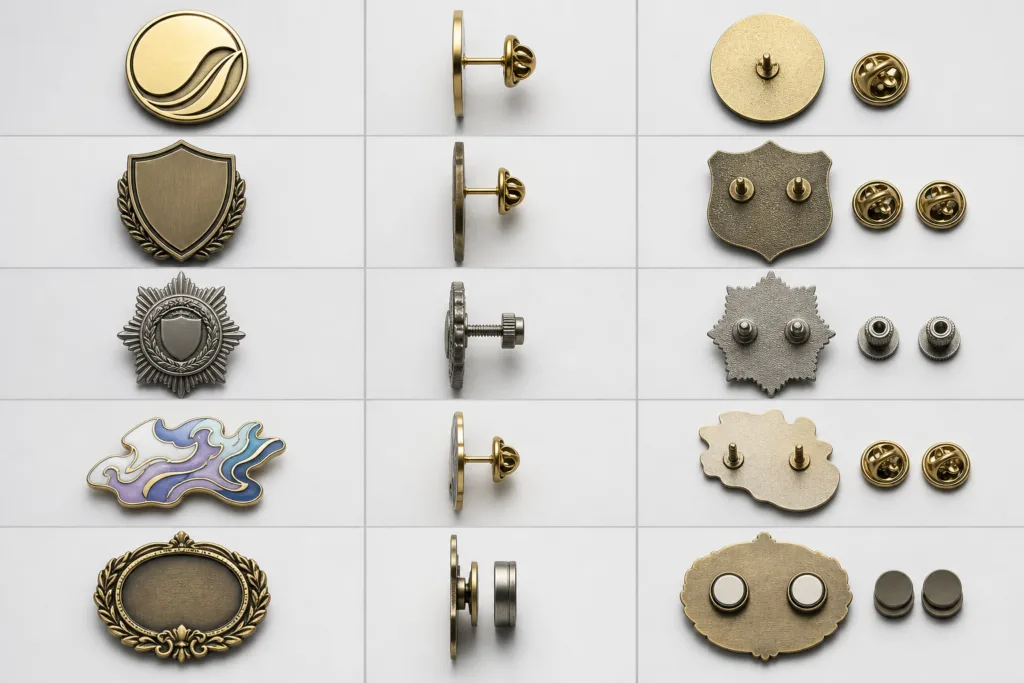 Visual comparison of custom enamel pin silhouettes, thickness directions, and attachment layouts
