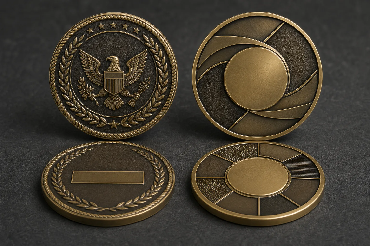 Side-by-side hypothetical commemorative and corporate challenge coin layouts