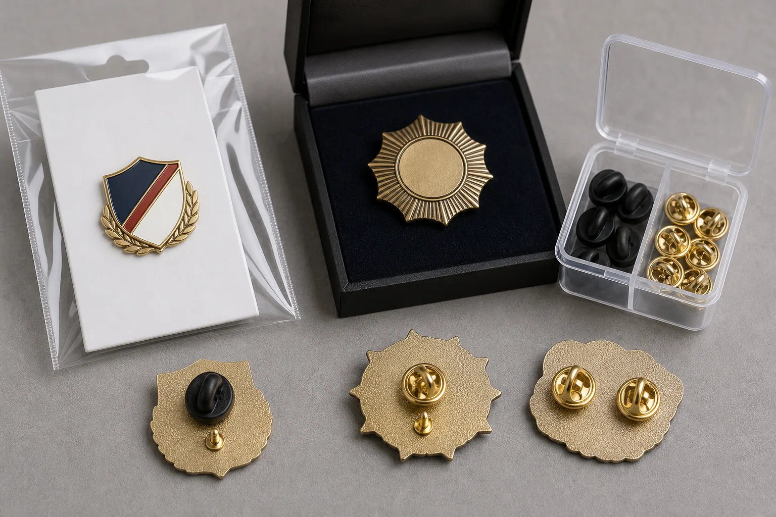 Custom pins presented on a back card and in a box with spare clutch options