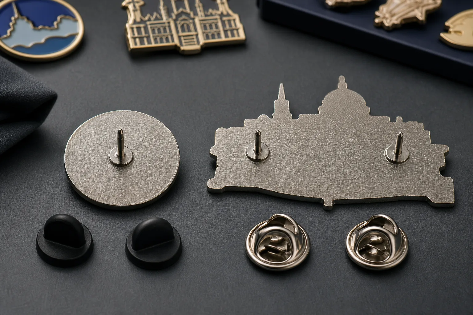 Rear views of balanced single-post and asymmetric dual-post custom pins