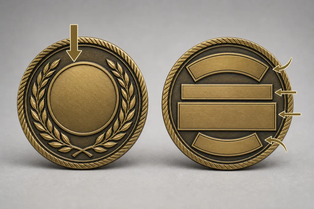 Diagram showing dominant and supporting areas across both sides of a custom challenge coin