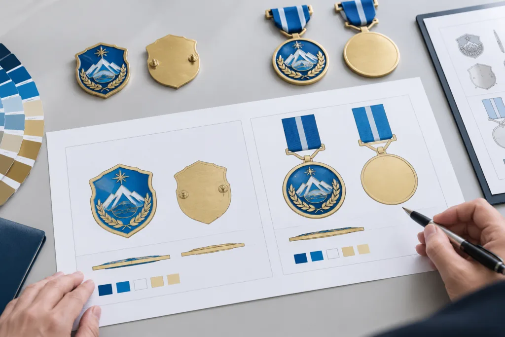 Flat production artwork views for a custom metal badge and medal
