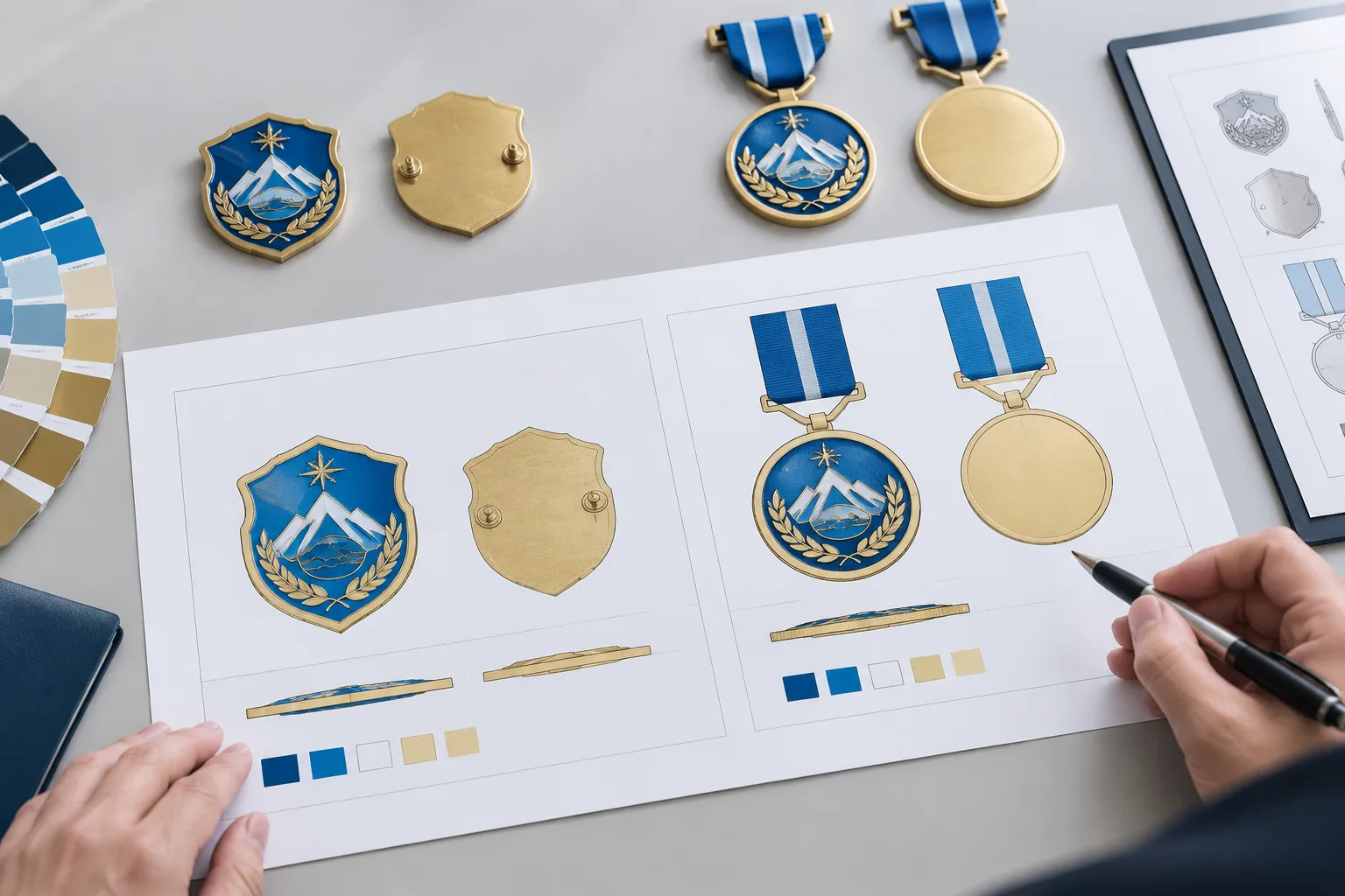 Flat production artwork views for a custom metal badge and medal