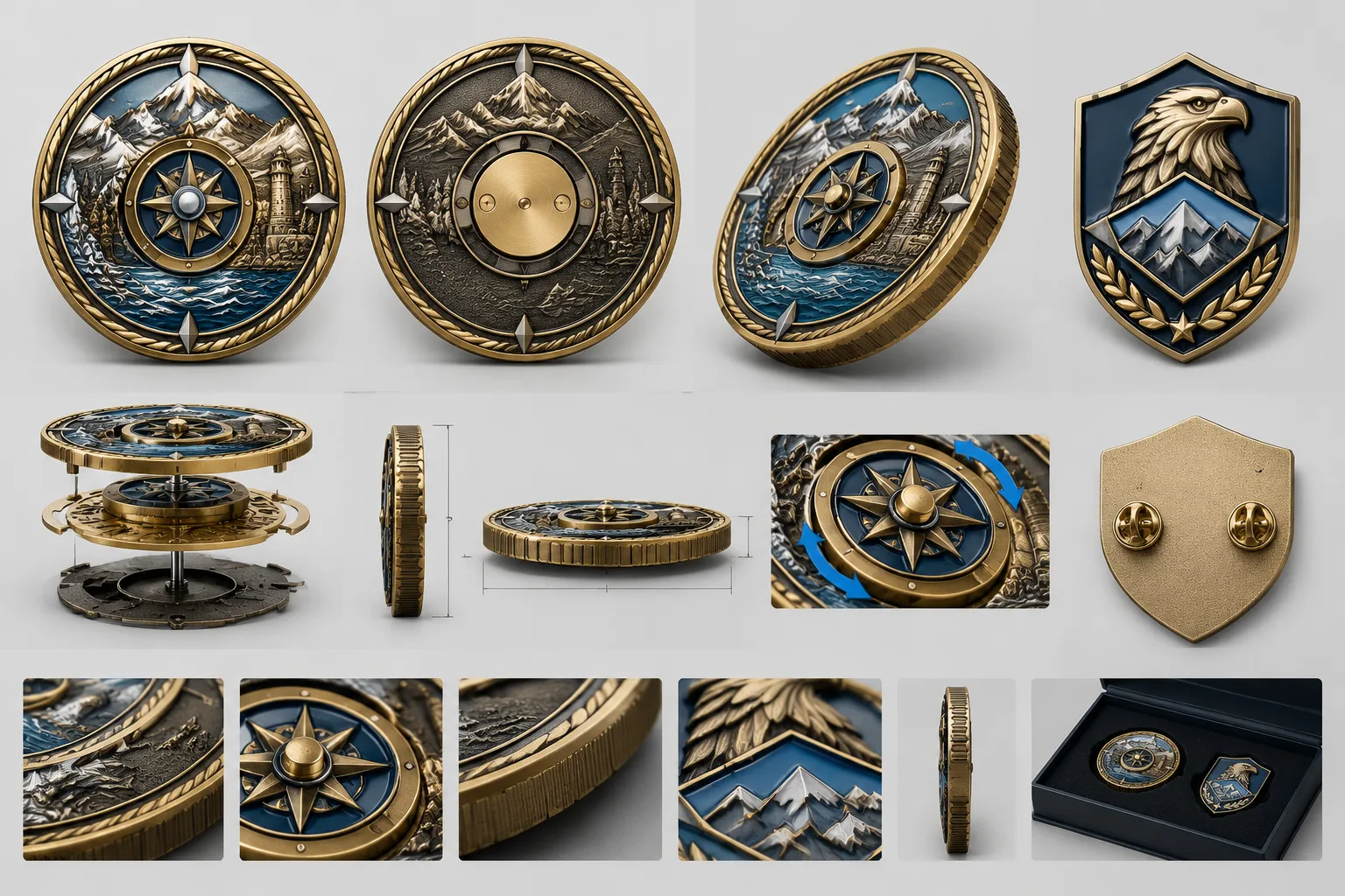 Angled 3D views showing relief and layered construction of custom metal awards