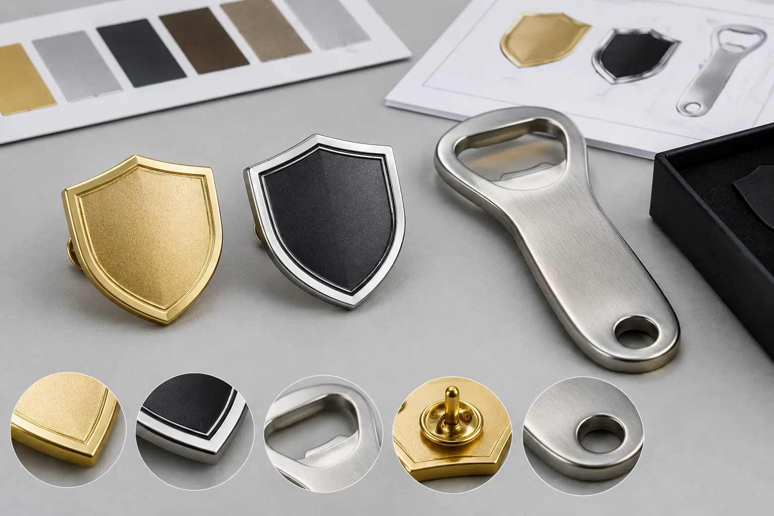 Raised relief and clear dual-plating boundaries on custom metal badges