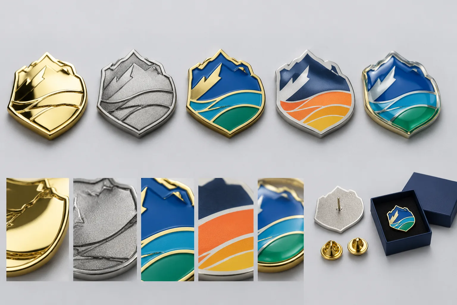Custom metal badge finish samples showing polished matte recessed color and printed surface treatments