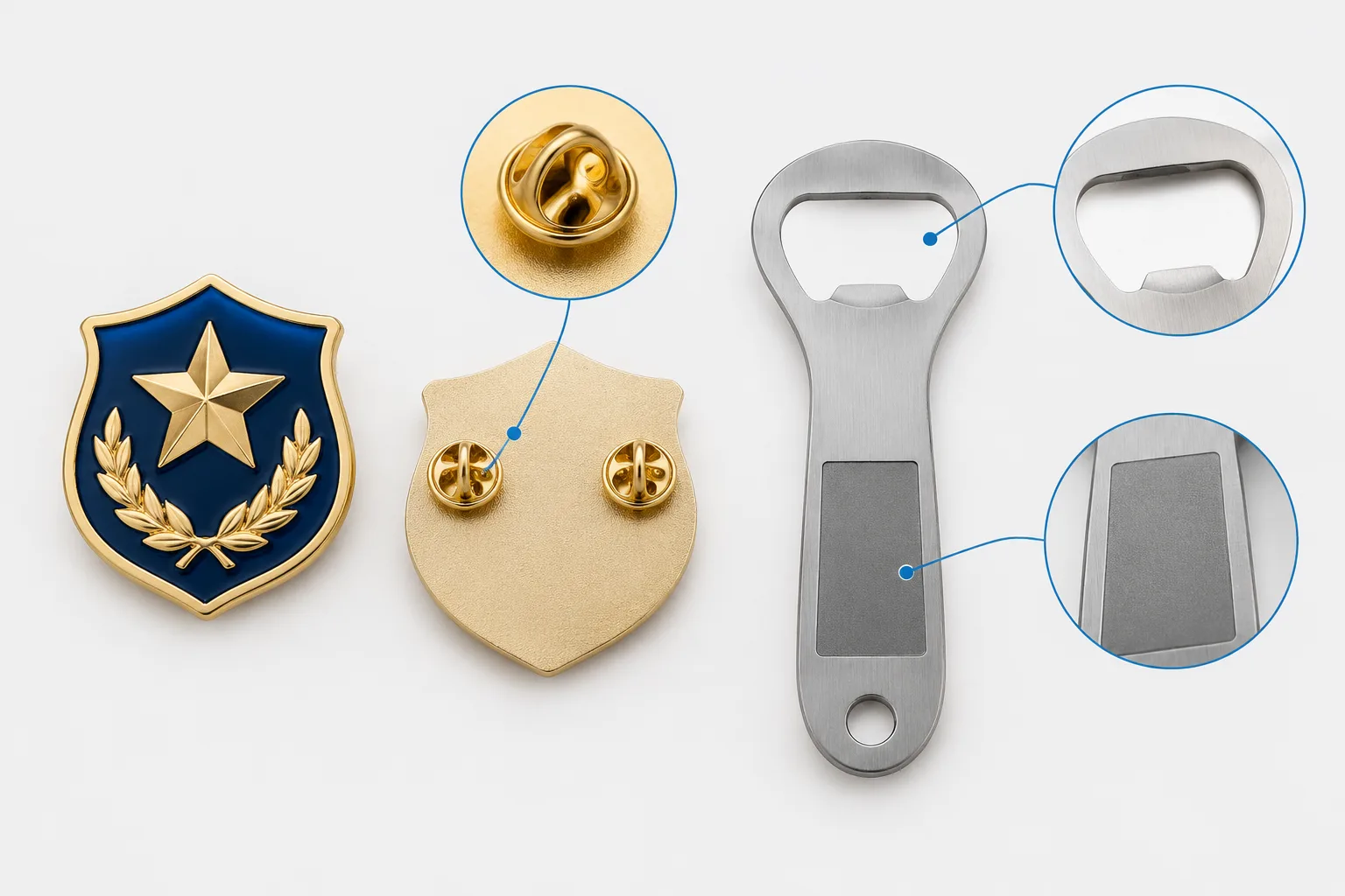 Unbranded uniform badge front and back beside a metal bottle opener showing its functional opening and separate logo area