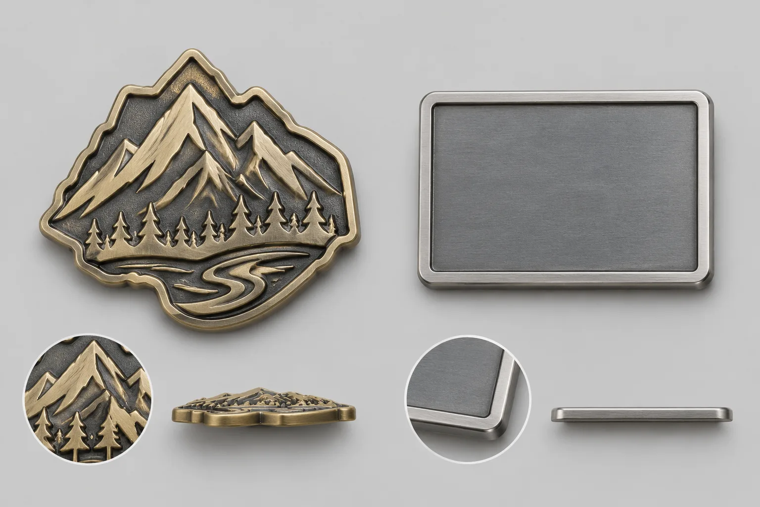 Irregular badge with dimensional raised emblem beside a rectangular badge with raised border and recessed fields