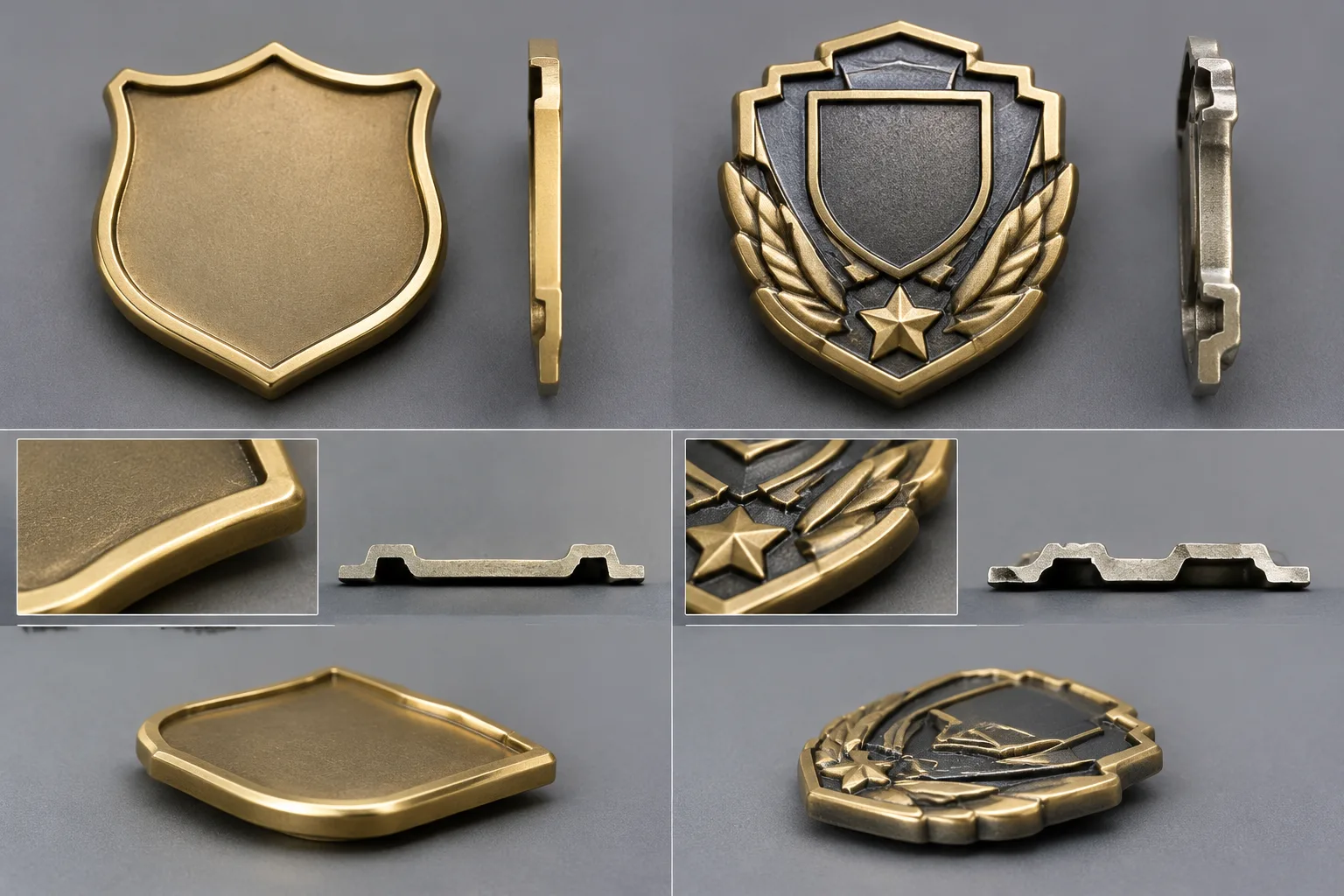 Sectional comparison of stamped raised and recessed badge metal and a formed die-cast badge body