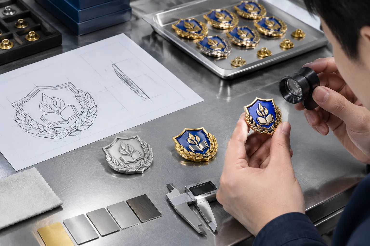 Custom metal badge workflow from technical drawing to trial form and quality inspection