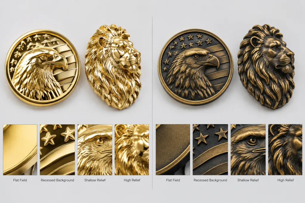 Comparison of bright and antique finishes on flat, recessed, shallow, and sculpted metal relief