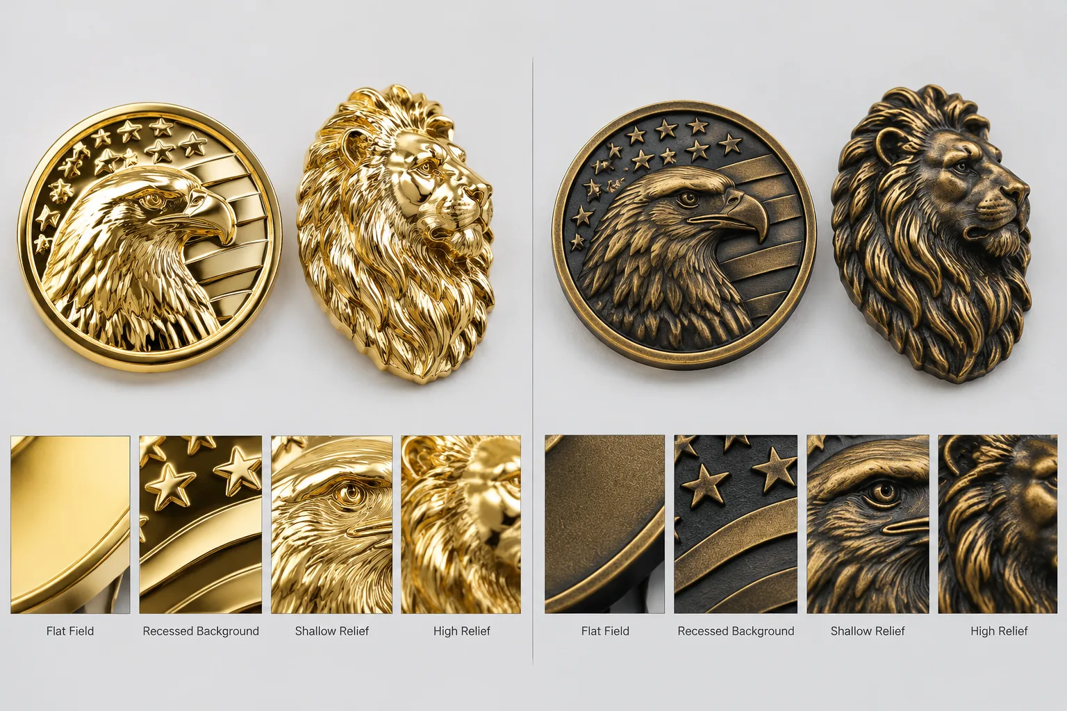 Comparison of bright and antique finishes on flat, recessed, shallow, and sculpted metal relief